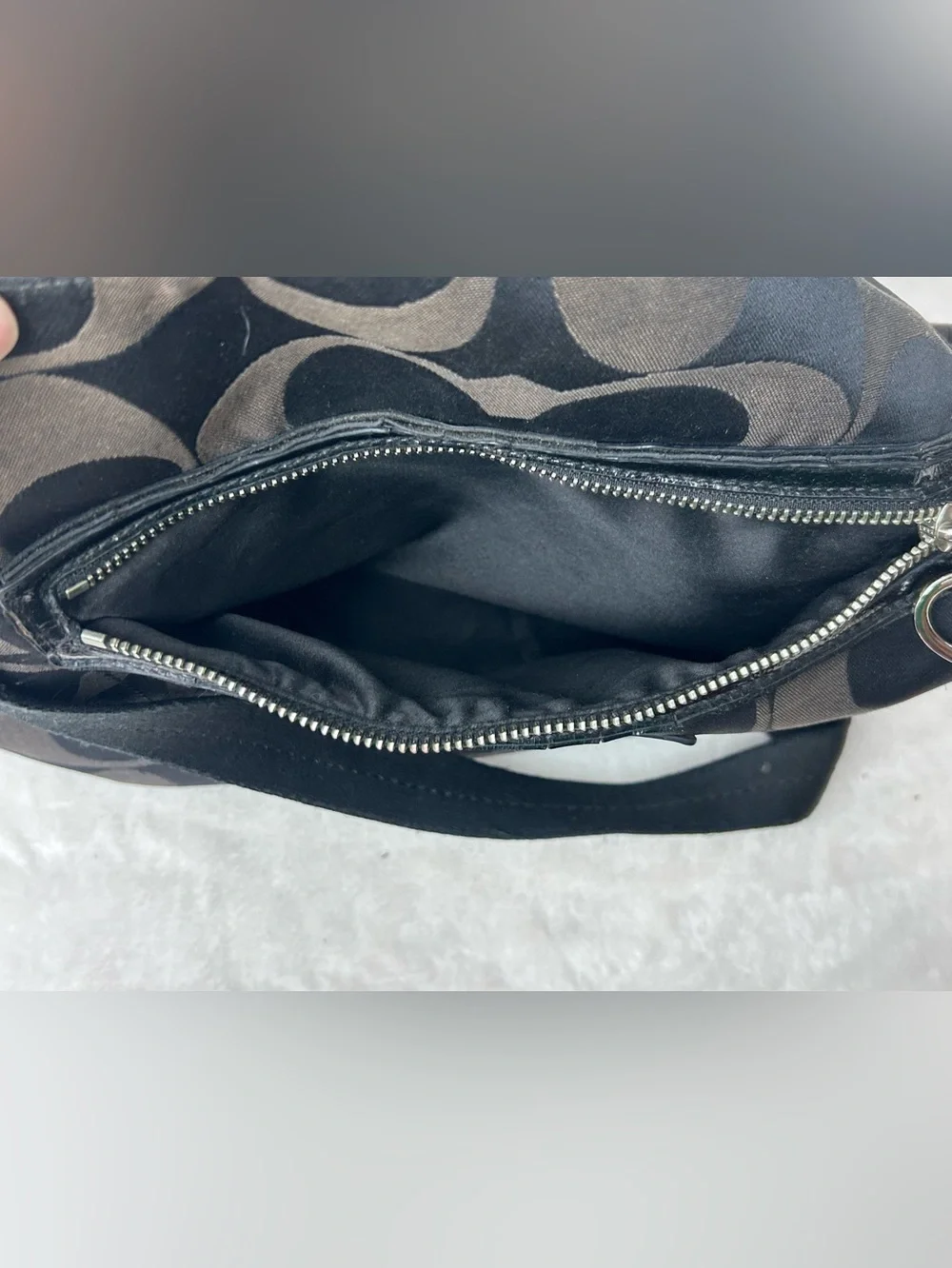 Coach #F20064 Black & Brown Signature Fabric Crossbody Hobo Bag Heart Charm